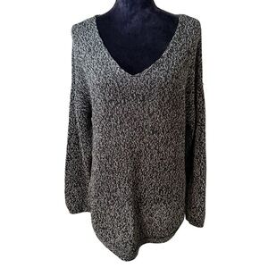 Cupcake Clothing | Black & White V-Neck Sweater with Brown Elbow Patches | Sz L